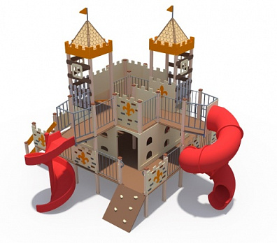 ДИО 13051.2 Детский игровой комплекс Дворец чудес Н-2000 и Н-750 (закрытая пластиковая труба и винтовой скат, в стиле средневековья)
