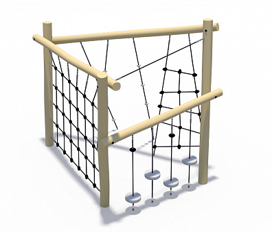 Спортивно-игровой комплекс с переходами выполнен, из древесины вида Робиния с защитной пропиткой (в виде треугольника)
